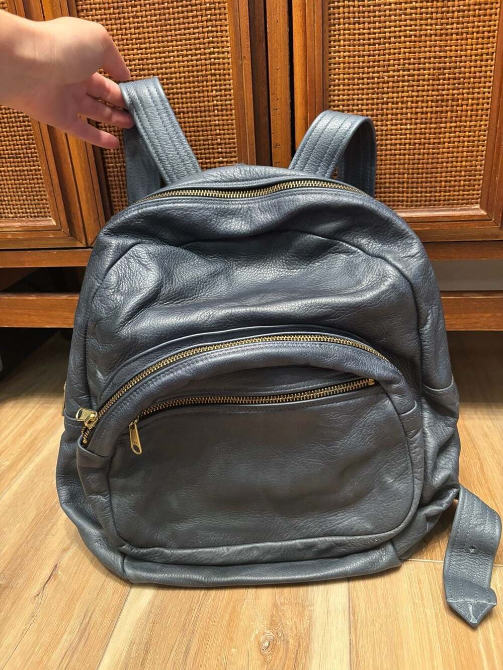 Mowen Leather Company Leather Backpack Blue Gold Zippers suede interior